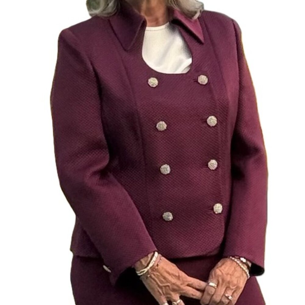 Elegant NEW NEVER WORN burgundy special occasion outfit, silk+wool, Size 12-14, - Picture 2 of 11